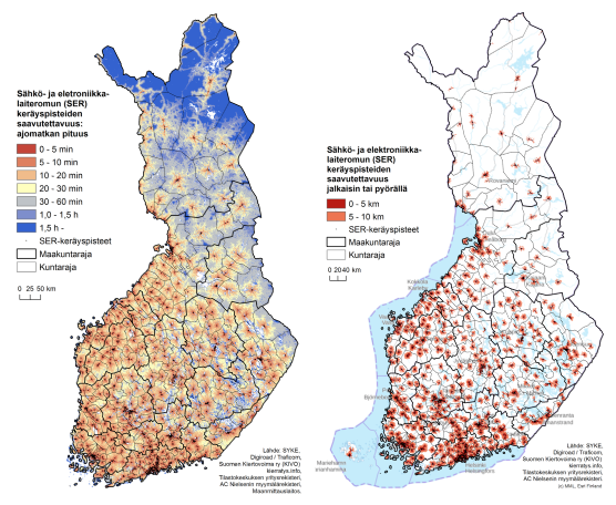 SER:n keräyspisteet Suomen kartalla ja saavutettavuus ajomatkann mukaan, jalkaisin tai pyörällä